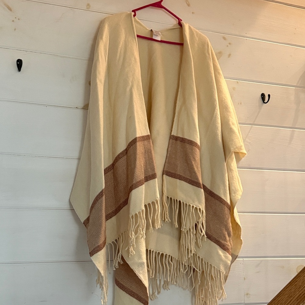 J. Crew Cream and Brown Fringed Shawl